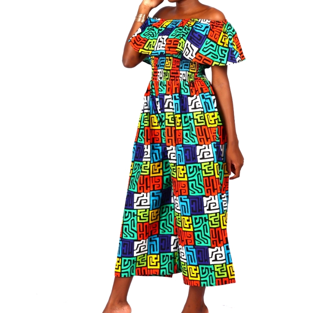 Elegant Ruffle Off-Shoulder Jumpsuit with Headscarf